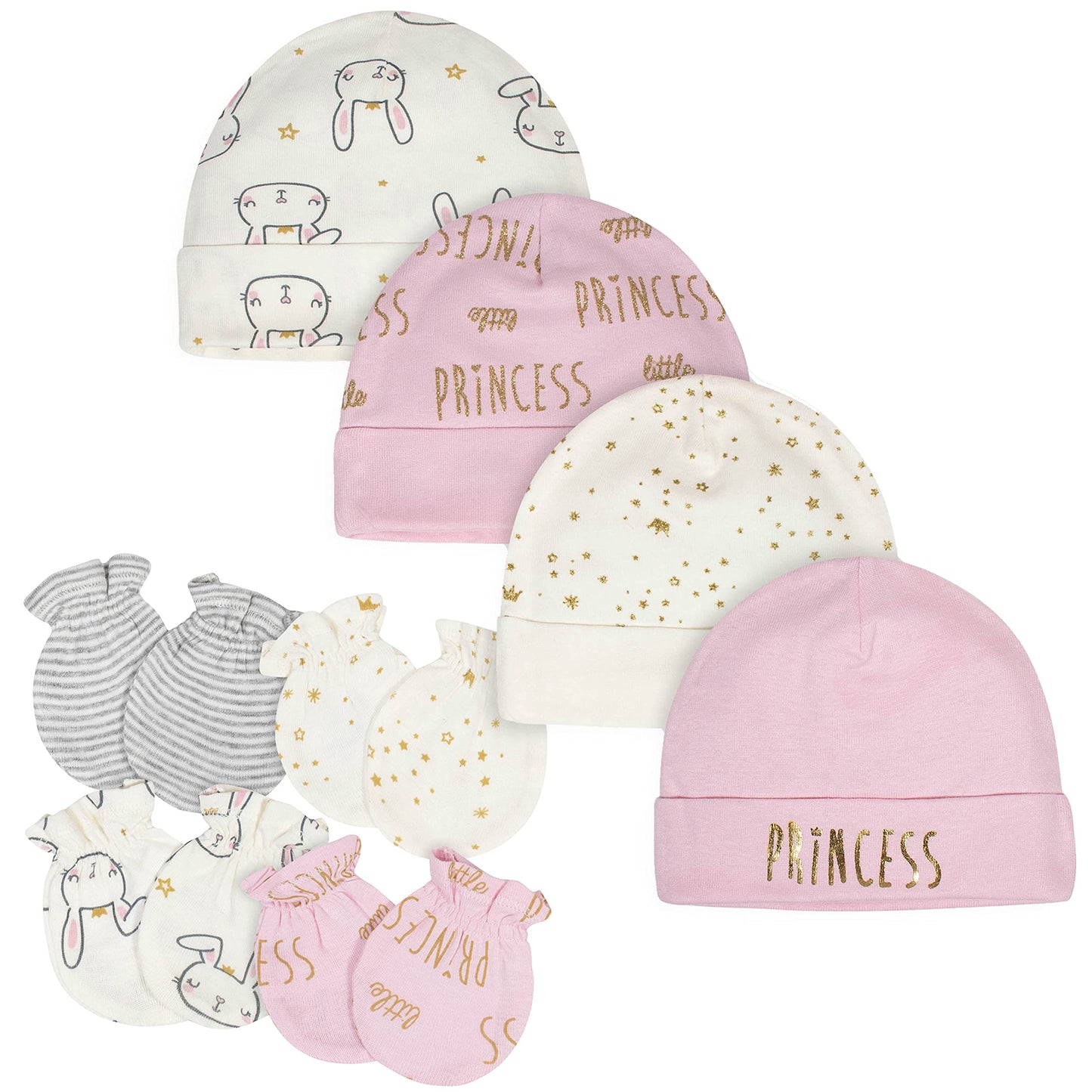 Gerber Baby Girls Cap And Mitten Sets 8Pc Pink Princess Newborn