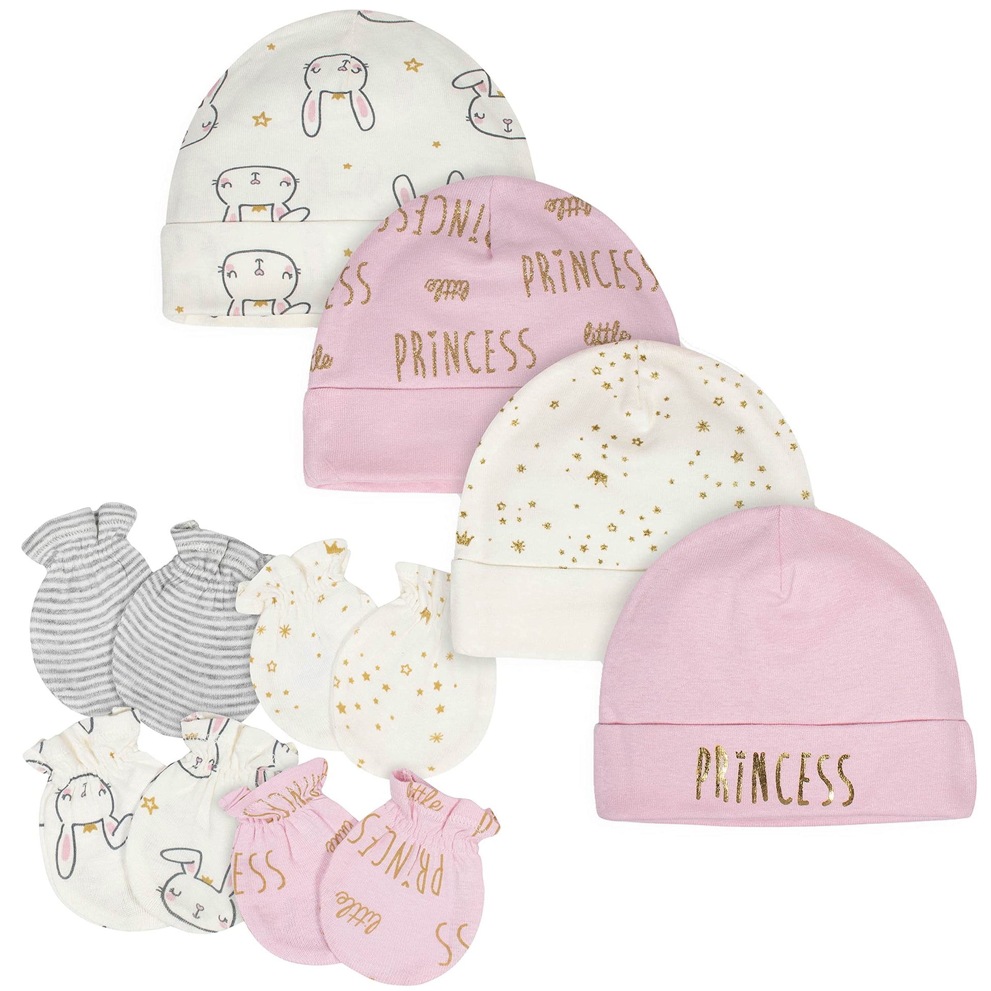 Gerber Baby Girls Cap And Mitten Sets 8Pc Pink Princess Newborn