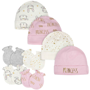 Gerber Baby Girls Cap And Mitten Sets 8Pc Pink Princess Newborn