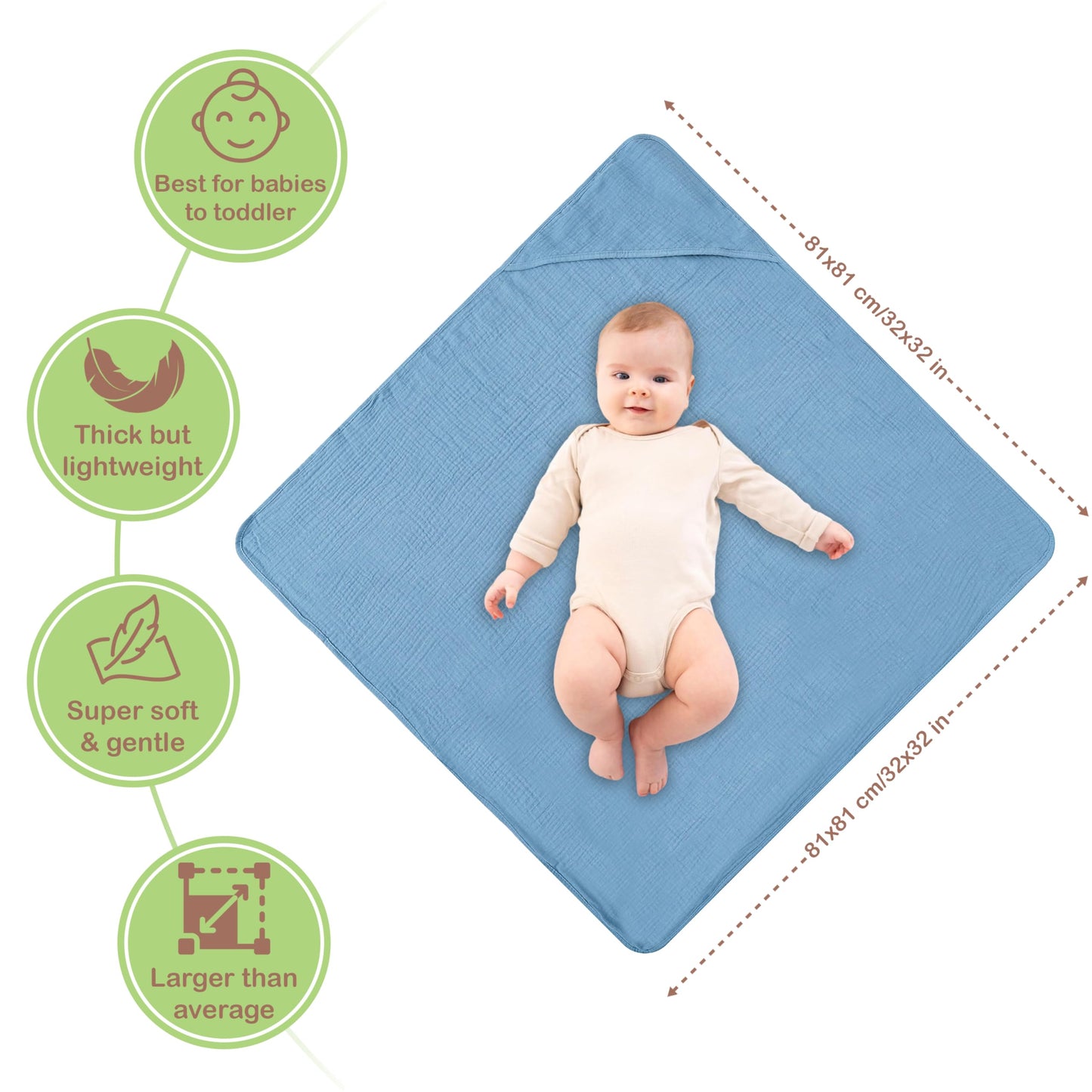 Infancie Organic Cotton Muslin Baby Hooded Towels - 32X32 Inch, 2 Pack Newborn Bath Towels For Boys & Girls, Soft & Absorbent Ba
