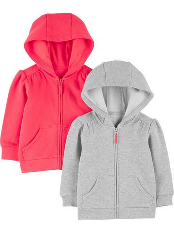 Simple Joys By Carter'S Girls' 2-Pack Fleece Full-Zip Hoodies, Pink/Grey, 6-9 Months