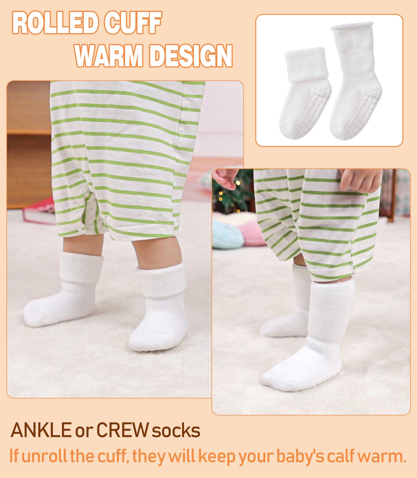 Lanleo Baby Girls Boys Non Slip Socks With Grips Toddler Kids Unisex Warm Thick Cotton Ankle Crew Socks With Grippers 6 Pairs Wh