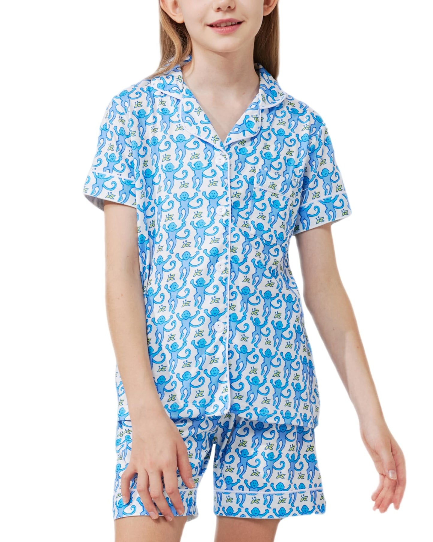HMPEAIIY Cute Monkey Pajamas Set for Girls, Kids Summer Button Down Matching Y2k Loungewear PJs Christmas Thanksgiving Gift, Blu