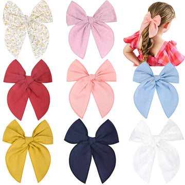 Deeka Large Fable Hair Bow 8 Pcs Linen Cotton Hair Bows For Toddlers Girls Handmade Neutral Floral Bow Hair Accessories For Litt