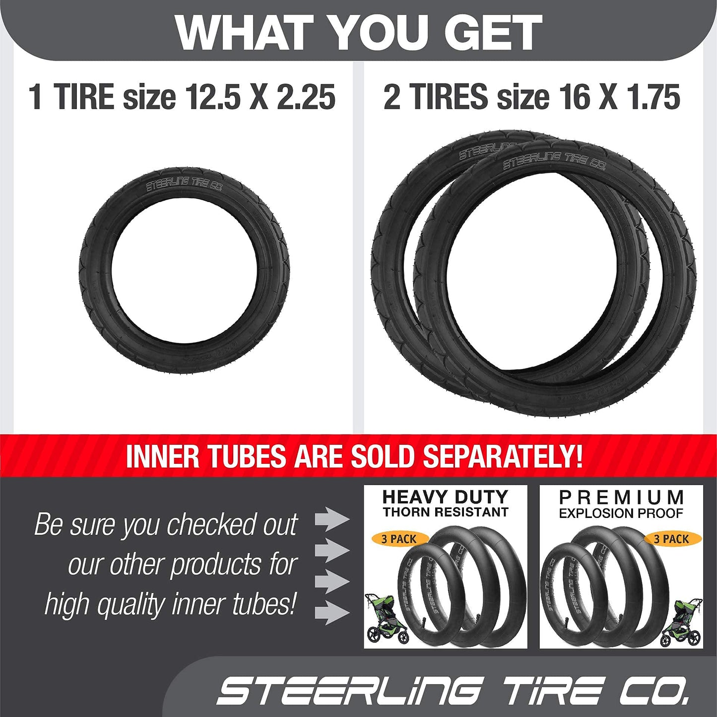 Steerling Tire Co Two 16' X 1.75 R And One 12.5' X 2.25 F Wheel Replacement Tires For Bob Revolution Se/Pro/Flex Strollers & S