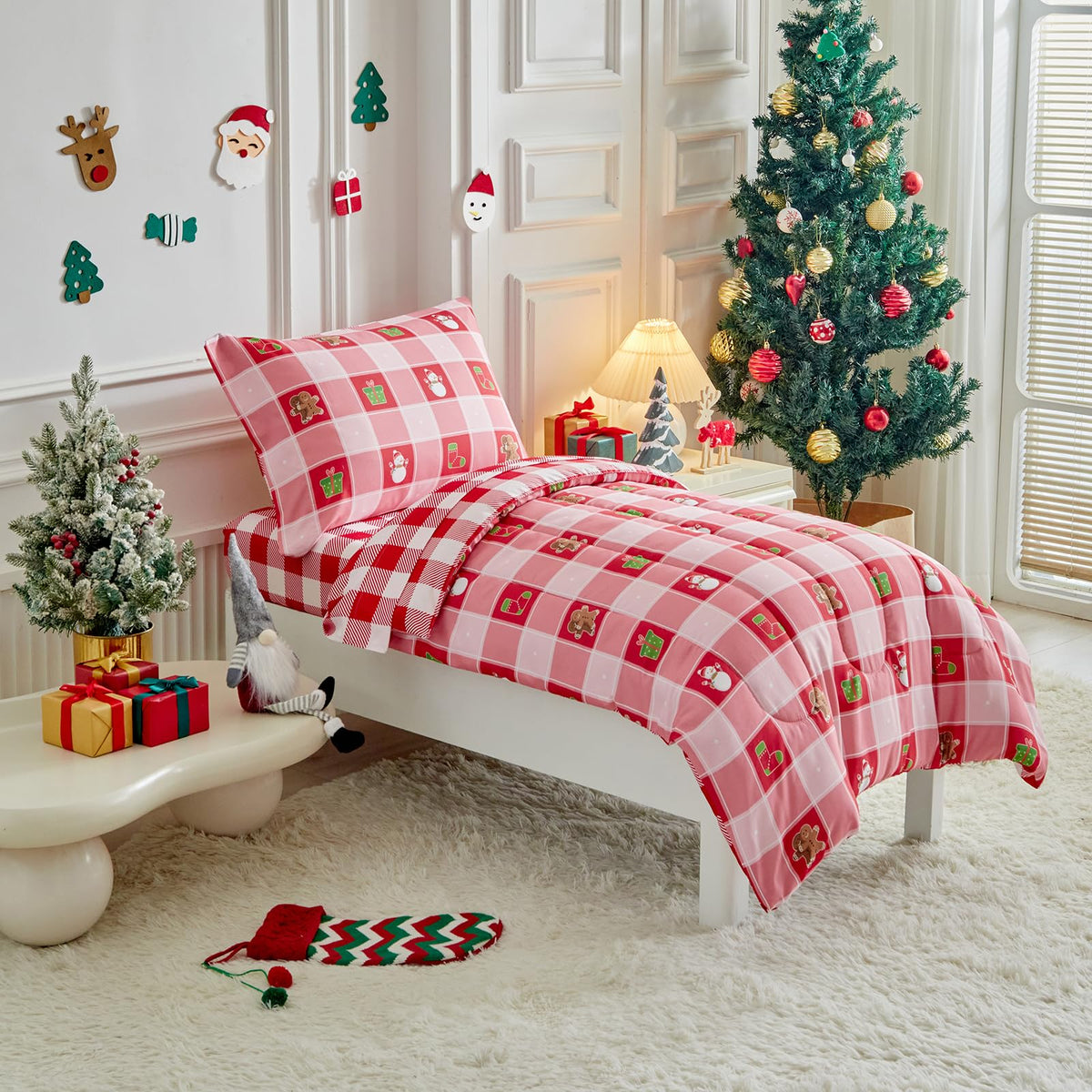 Christmas Toddler Bedding Set for Boys and Girls Red White Plaid Colorful Holiday 4 Piece Toddler Bedding Set  Cute White Toddl