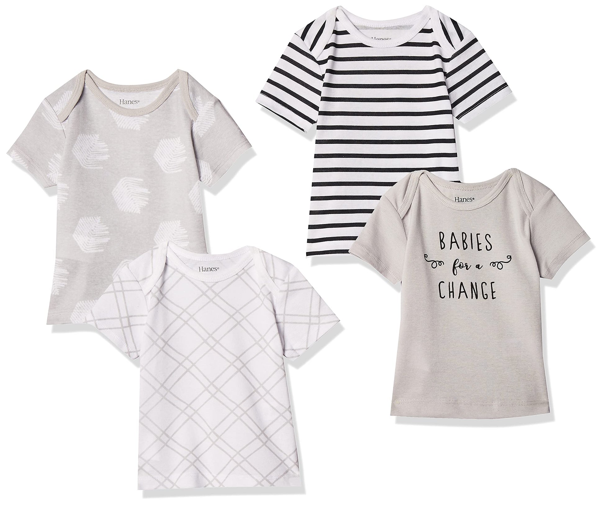 Hanes Baby T, Flexy Soft Stretch Shirt, Expandable Shoulder, 4-Pack, Grey Fun, 0-6 Months