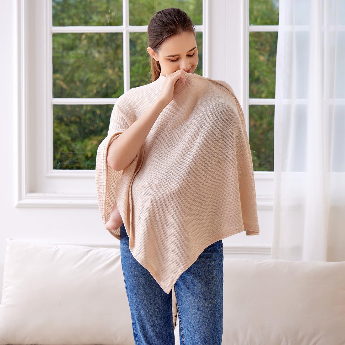Knit Nursing Cover For Baby Breastfeeding, Breathable And Soft, Wide Neck With Stretch For Easy View (Cream)