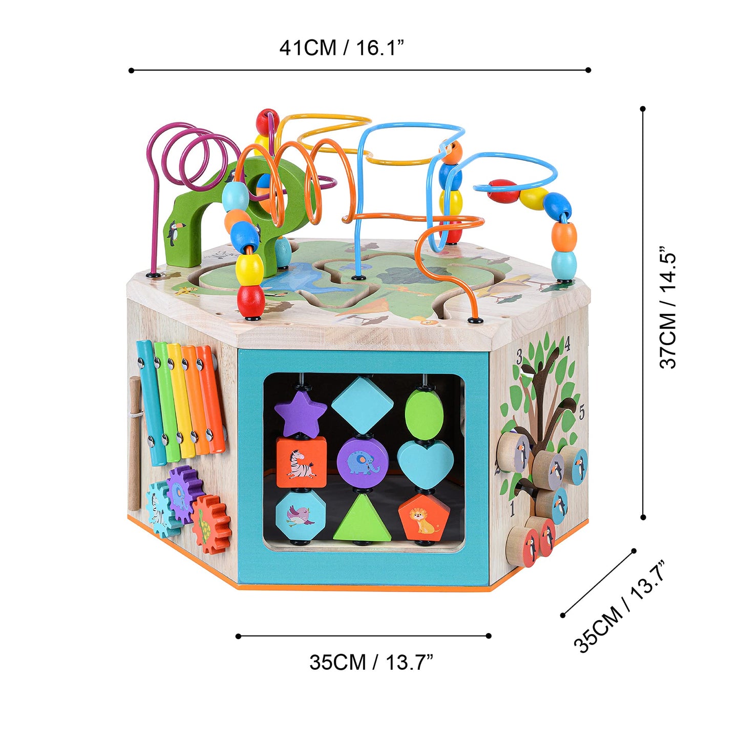 Teamson Kids Preschool Play Lab 7-in-1 Large Wooden Activity Cube Station Center Bead Maze and Counting for Kids Baby Toys, Natu