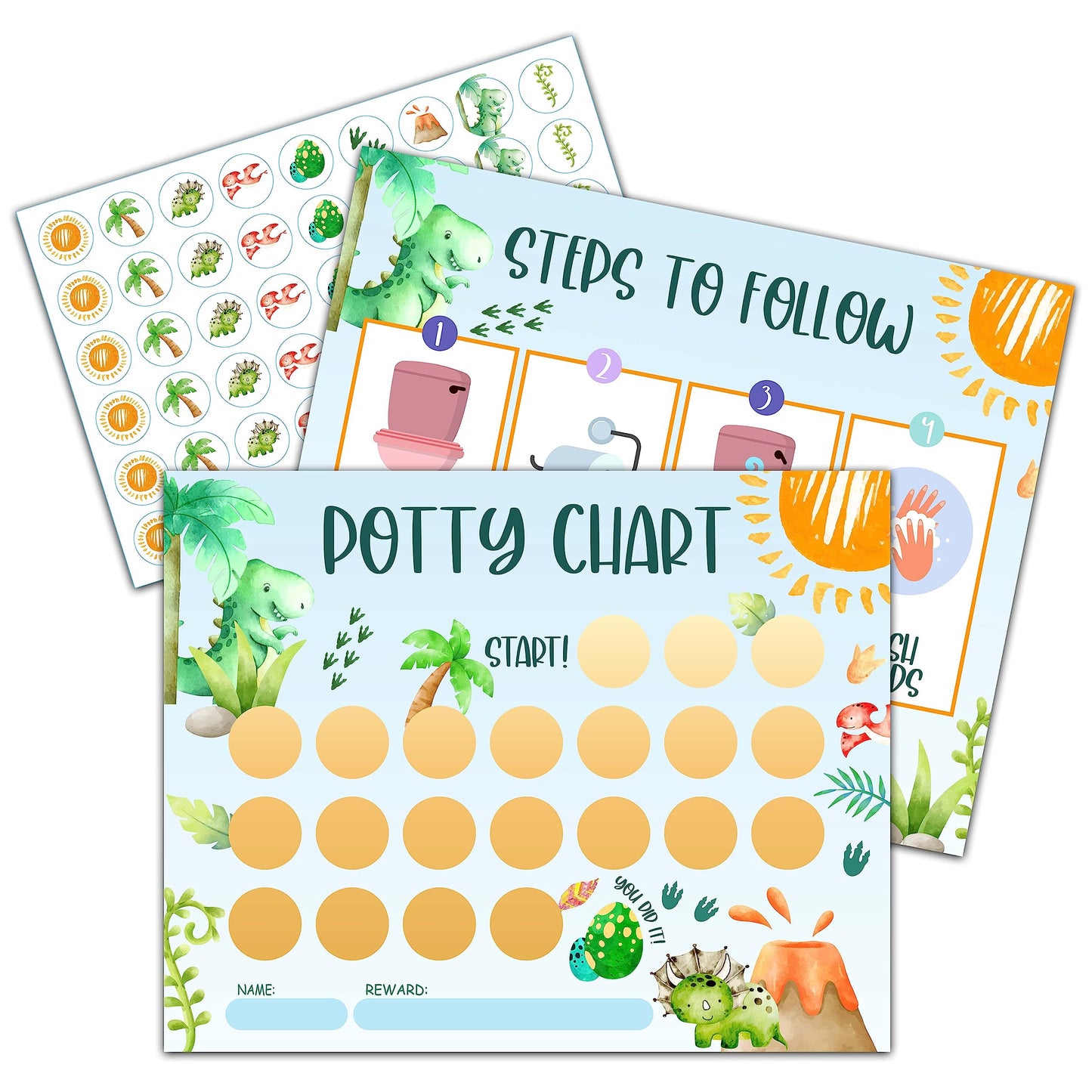 Dinosaur Potty Training Sticker Chart, 20 Potty Charts With 432 Round Stickers & 1 Instruction Sheet, Potty Reward Sticker Chart
