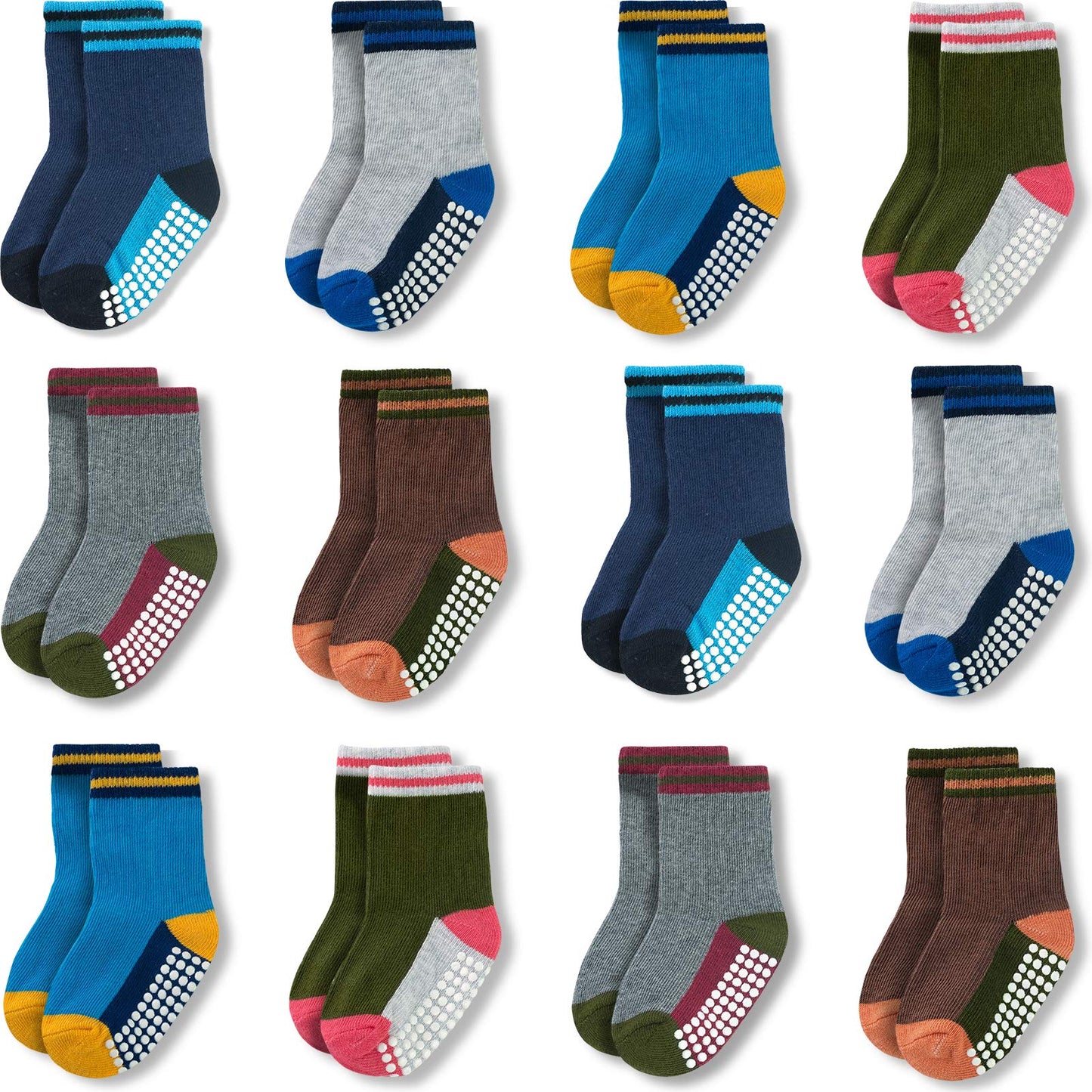 Jakidar 12 Pairs Baby Socks Cotton Crew Toddler Socks Grips Non Slip Bottom Kids Socks, Blue Green Brown 12-24M