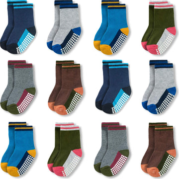 Jakidar 12 Pairs Baby Socks Cotton Crew Toddler Socks Grips Non Slip Bottom Kids Socks, Blue Green Brown 12-24M