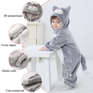 Tonwhar Unisex Baby Animal Halloween Costume Kid'S And Toddler'S Autumn Winter Outfits Jumpsuit(1-3 Months,Gray Cat)