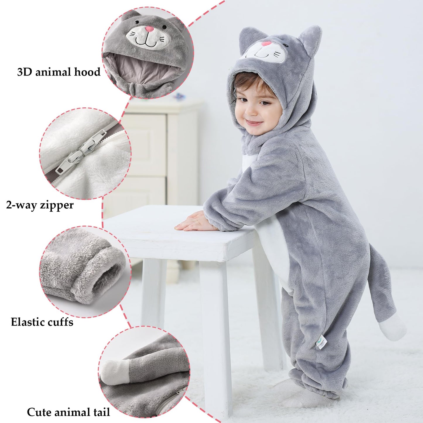 Tonwhar Unisex Baby Animal Halloween Costume Kid'S And Toddler'S Autumn Winter Outfits Jumpsuit(4-5 T,Gray Cat)