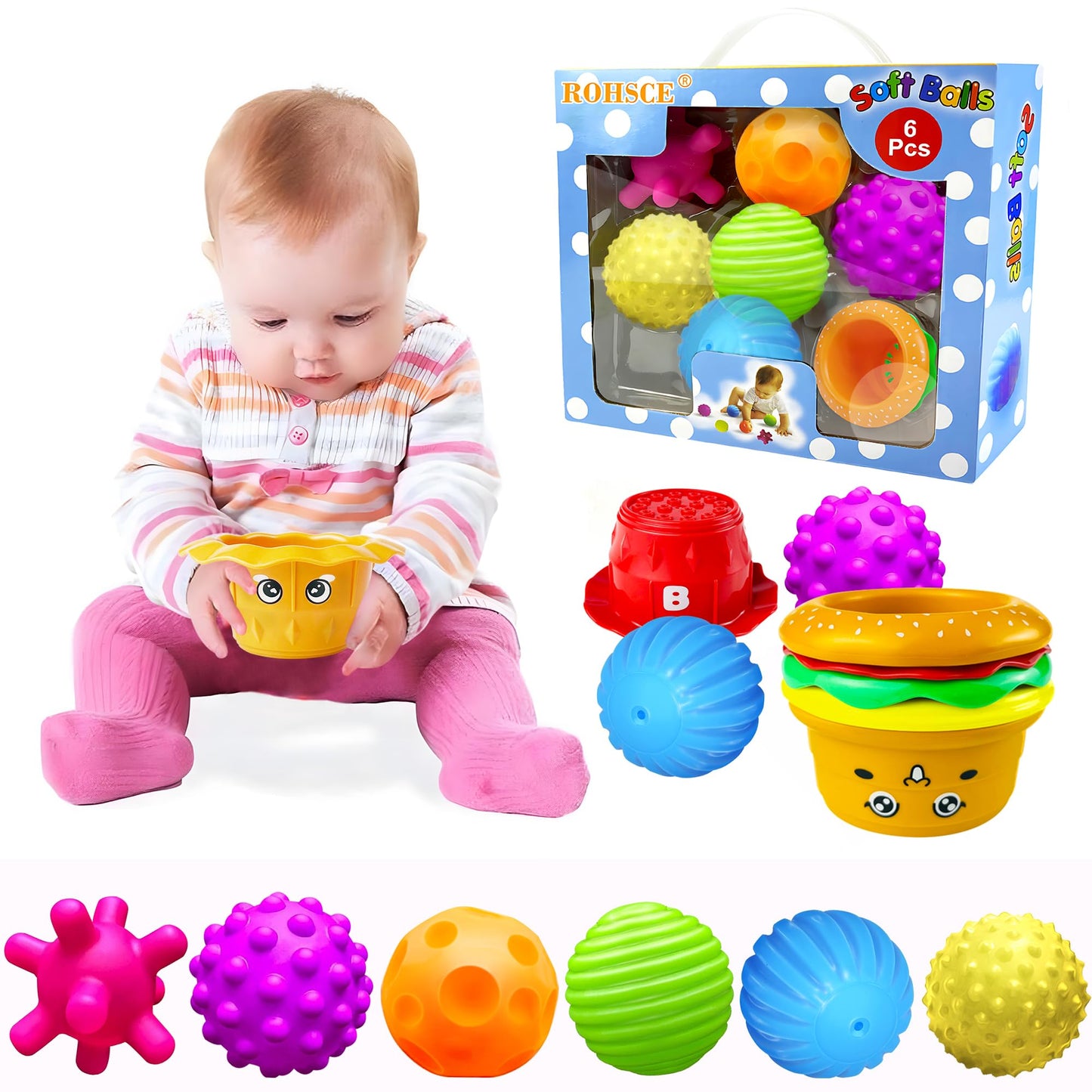 Sensory Balls for Baby, Infant Toys 6-12 Months, Textured Multi Balls for Toddlers 1-3 Colorful Soft Squeezy Bath Toy with Stack