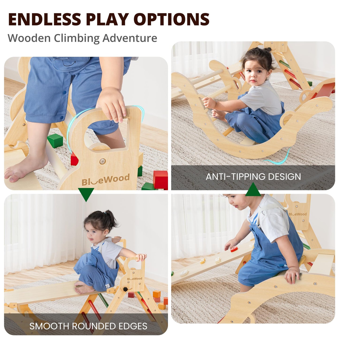 Bluewood Pikler Triangle Set, Toddler Wooden Climbing Toys Indoor 7In1 Foldable Climber For Kids, Montessori Philosophy Play Jun