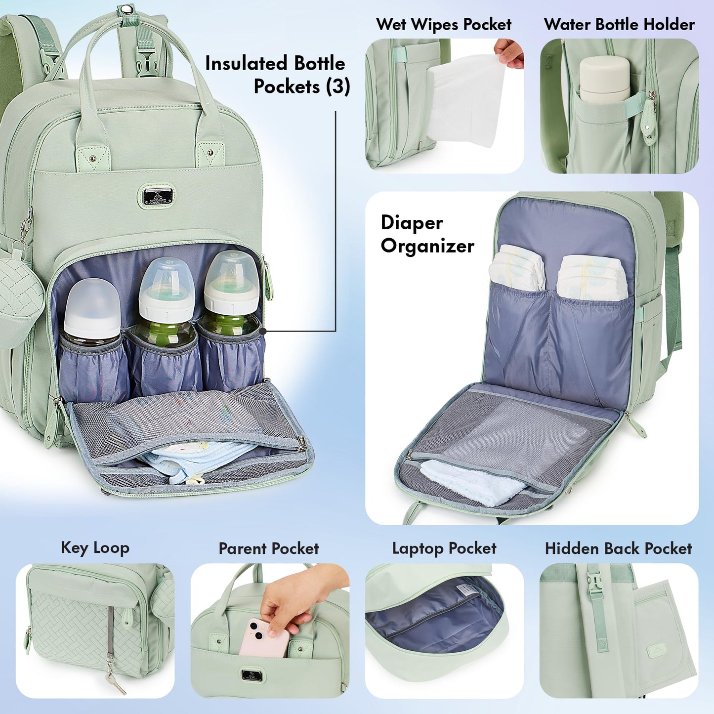 Dikaslon Diaper Bag Backpack With Changing Pad, Pacifier Case And Stroller Straps, Large Unisex Baby Bags For Boys Girls (Mint G