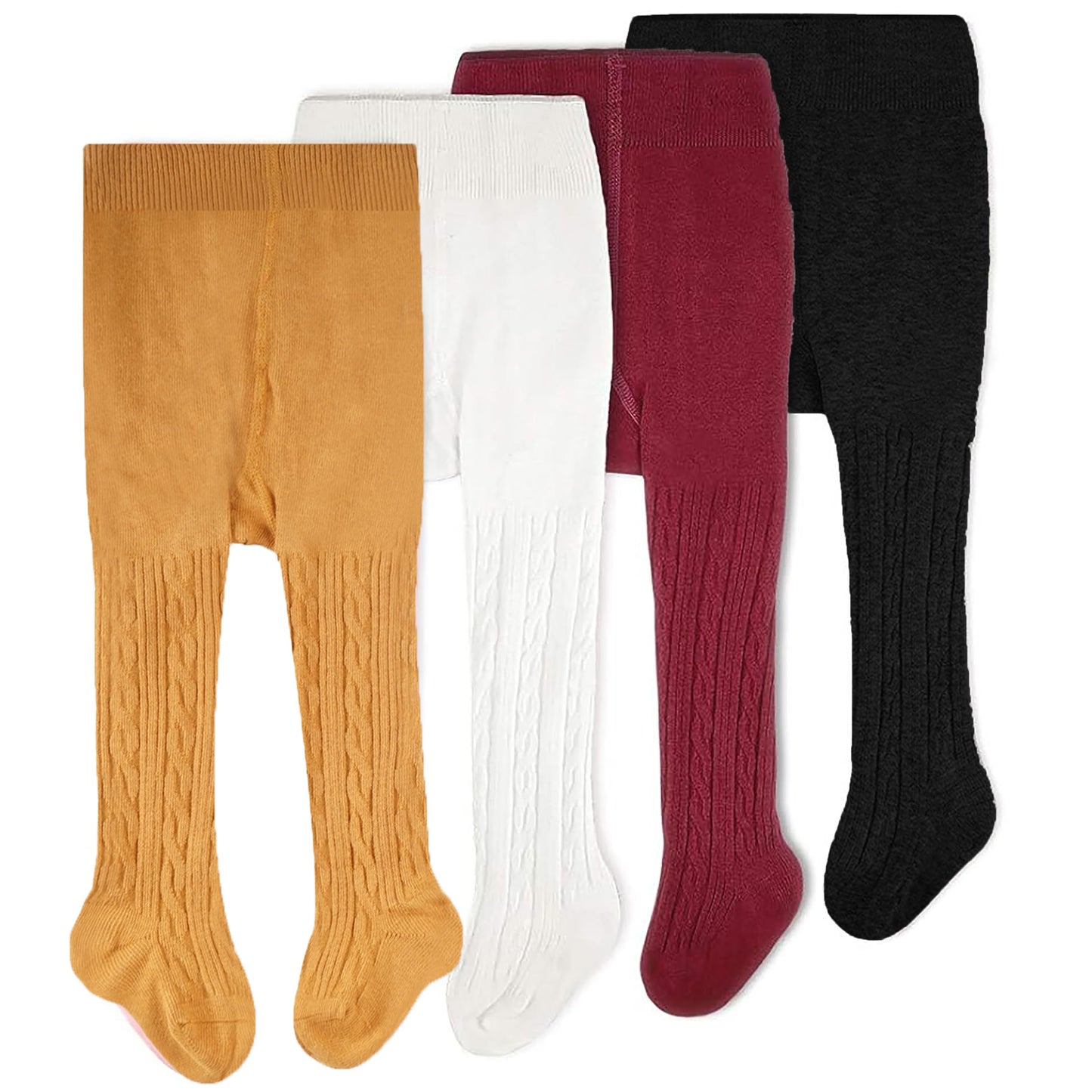 Cozyway Cable Knit Cotton Leggings/Tights For Baby Girls, 4 Pack, White/Black/Pink/Mustard, 0-3 Months Old
