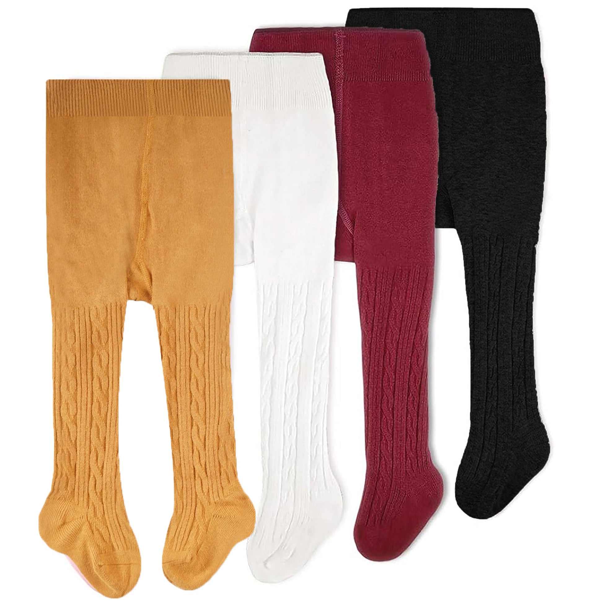 Cozyway Cable Knit Cotton Leggings/Tights For Baby Girls, 4 Pack, White/Black/Pink/Mustard, 0-3 Months Old