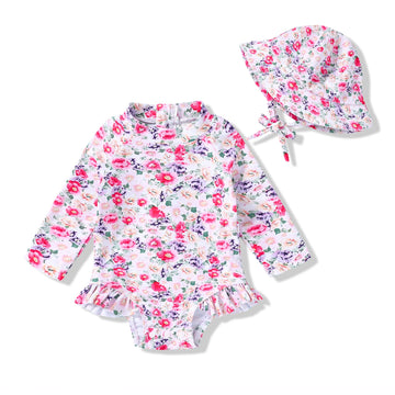Infant Baby Girl Swinsuit One-Piece Long Sleeve Rash Guard With Hat Set Floral Zipper Bathing Suit Leopard Beach Wear (12-18 Mon