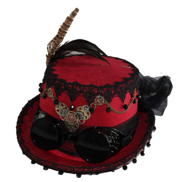 Navillus Sales Deluxe Velvet 4.25 Inch Steampunk Top Hat With Removable Goggles (Red)