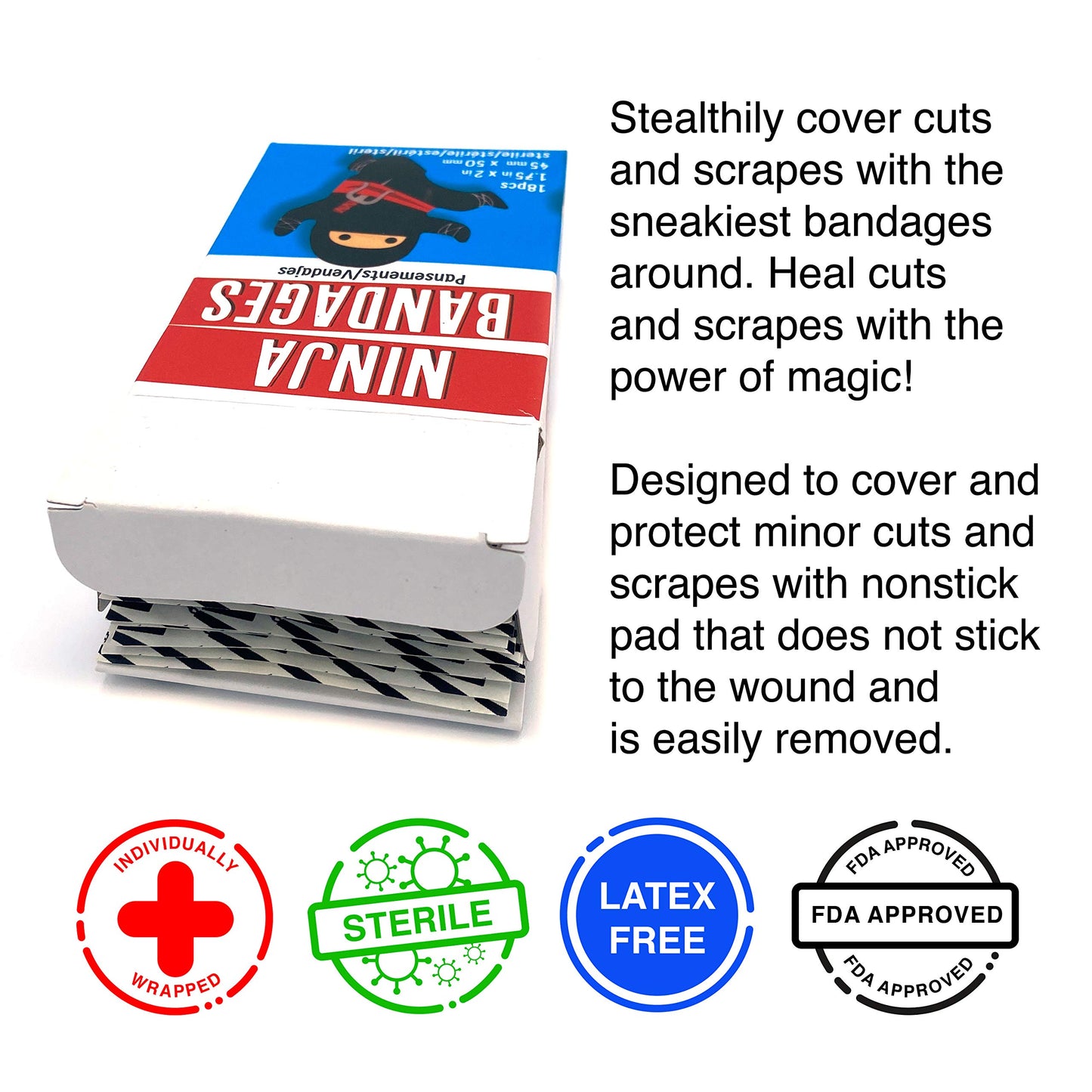 GAMAGO Ninja Bandages for Kids & Kidults - Set of 18 Individually Wrapped Self Adhesive Bandages - Sterile, Latex-Free & Easily