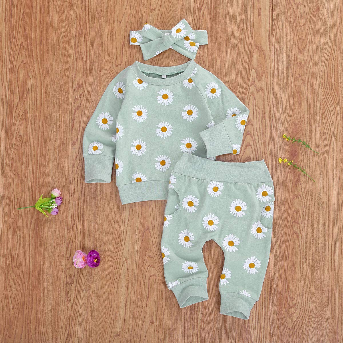 0-24M Flower Newborn Infant Baby Girl Clothes Set Long Sleeve Sweatshirts Tops Pants Outfits (Green, 0-6 Months)