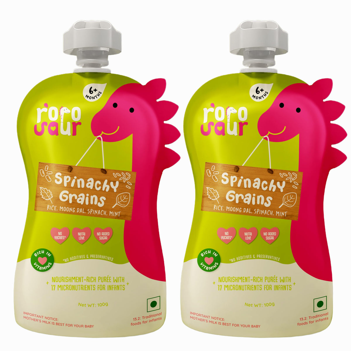 Rorosaur Baby Food Puree Pouch | Ready To Eat Palak Dal With Jowar In Pouch For 6+ Months Baby| Spinach |Easy To Digest, 100% Na