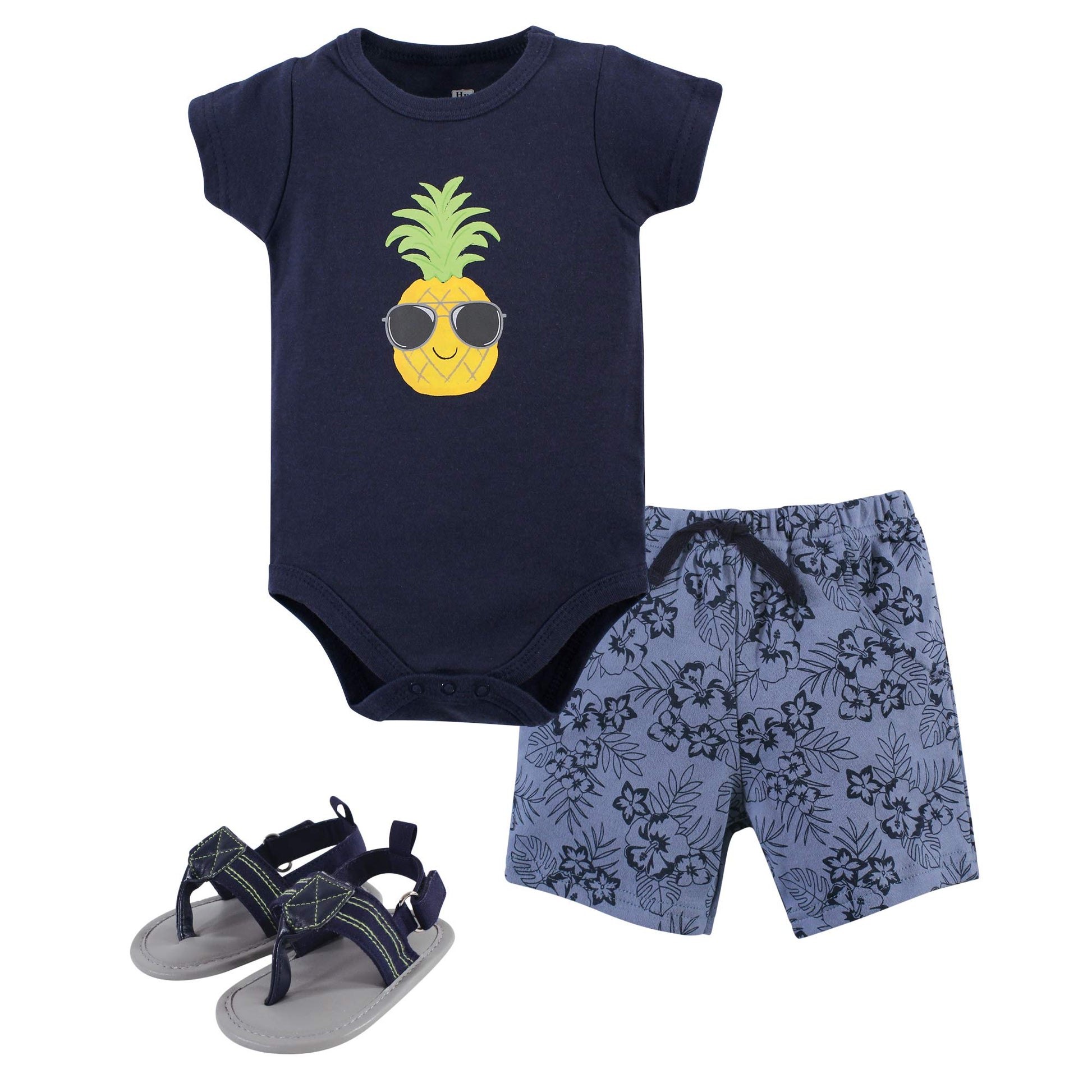Hudson Baby Unisex Baby Cotton Bodysuit, Shorts And Shoe Set, Pineapple, 0-3 Months