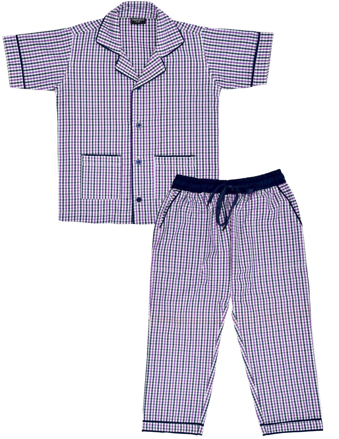 SHOPmOZO Unisex 100% Pure Cotton Short Sleeves Checkered Night Suit for Boys and Girls Sleep Wear Full Pyjama with Top Combo Set