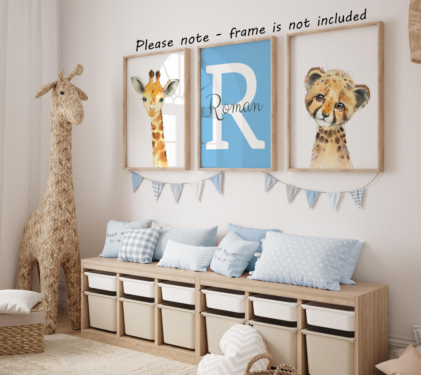 Personalized Safari Animals For Boy Girl Nursery, Set Of 3 Unframed Bedroom Poster Prints, Personalized Name Blue Green Yellow,