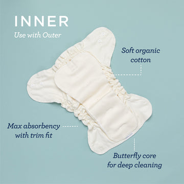 Esembly Cloth Diaper Bundle Set - 3 Organic Cotton Absorbent Inners and 1 Waterproof Outer Diaper Cover - Reusable, Washable, Sn