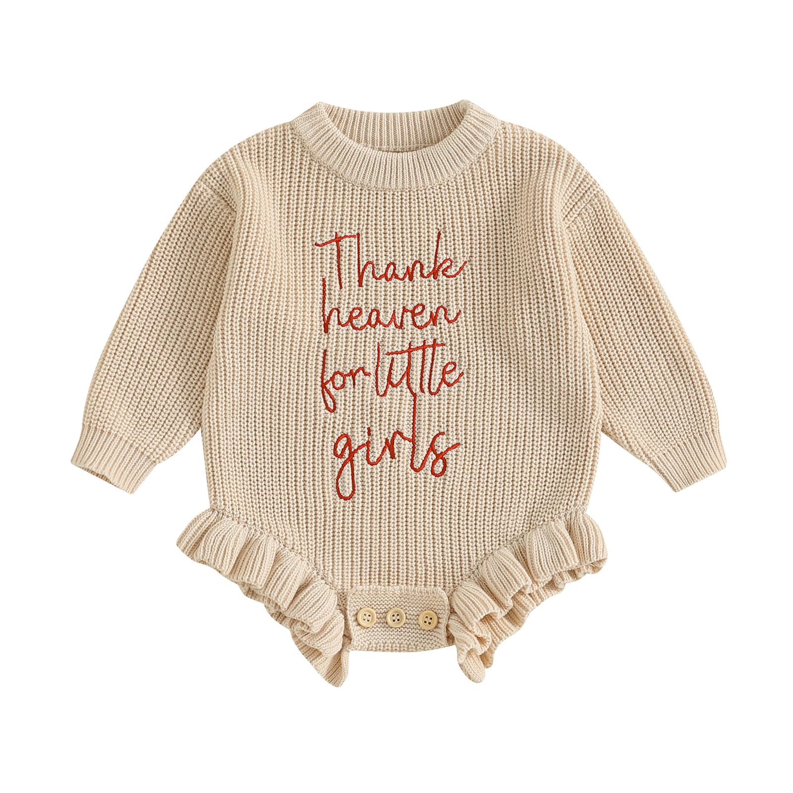 Gueuusu Baby Girl Sweater Romper Long Sleeve Thank Heaven for Little Girls Embroidery Bodysuit Newborn Winter Clothes (Beige, 0-