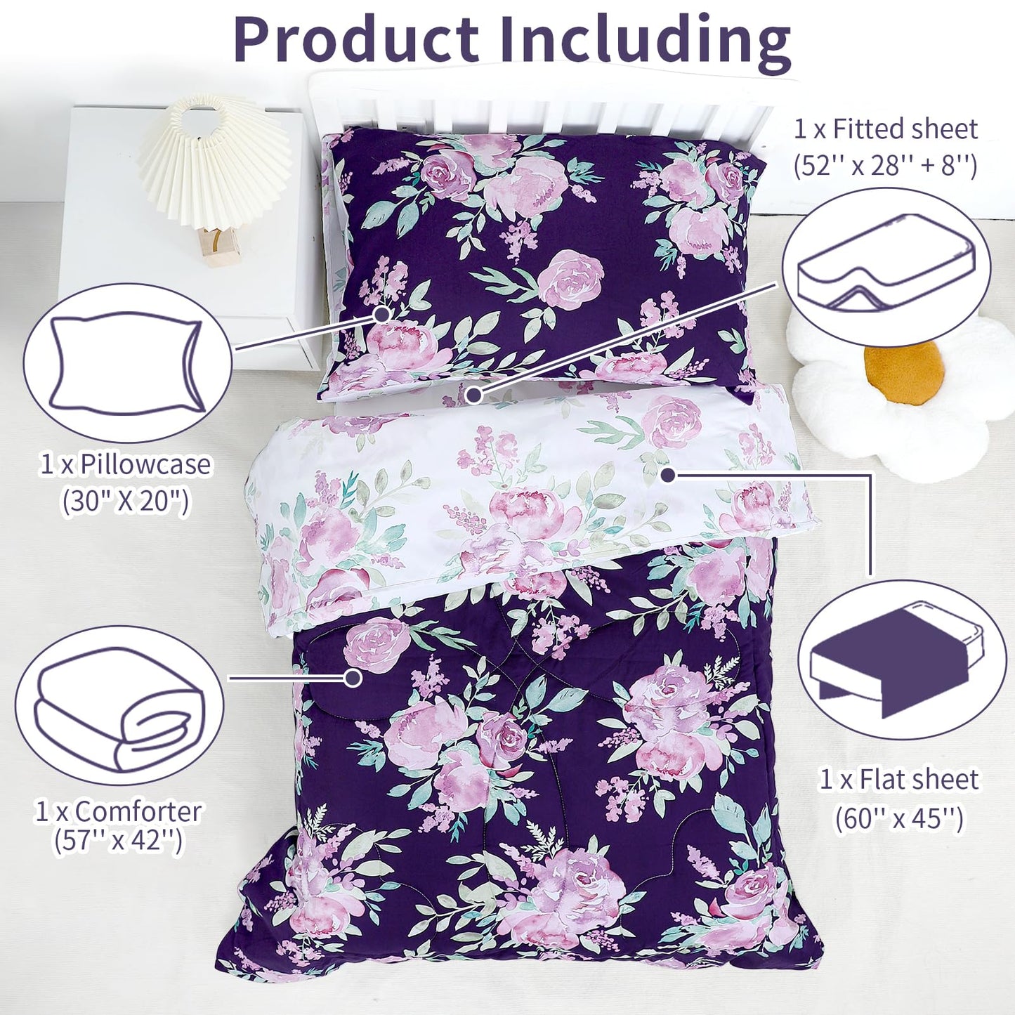 Tanofar 4-Piece Toddler Bedding Sets For Girls - Ultra Soft Purple Floral Toddler Girl Bedding, Reversible Crib Bed Sets, Includ