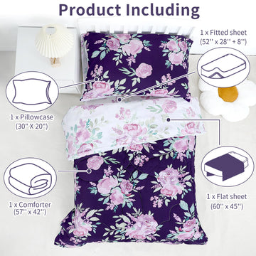 Tanofar 4-Piece Toddler Bedding Sets For Girls - Ultra Soft Purple Floral Toddler Girl Bedding, Reversible Crib Bed Sets, Includ