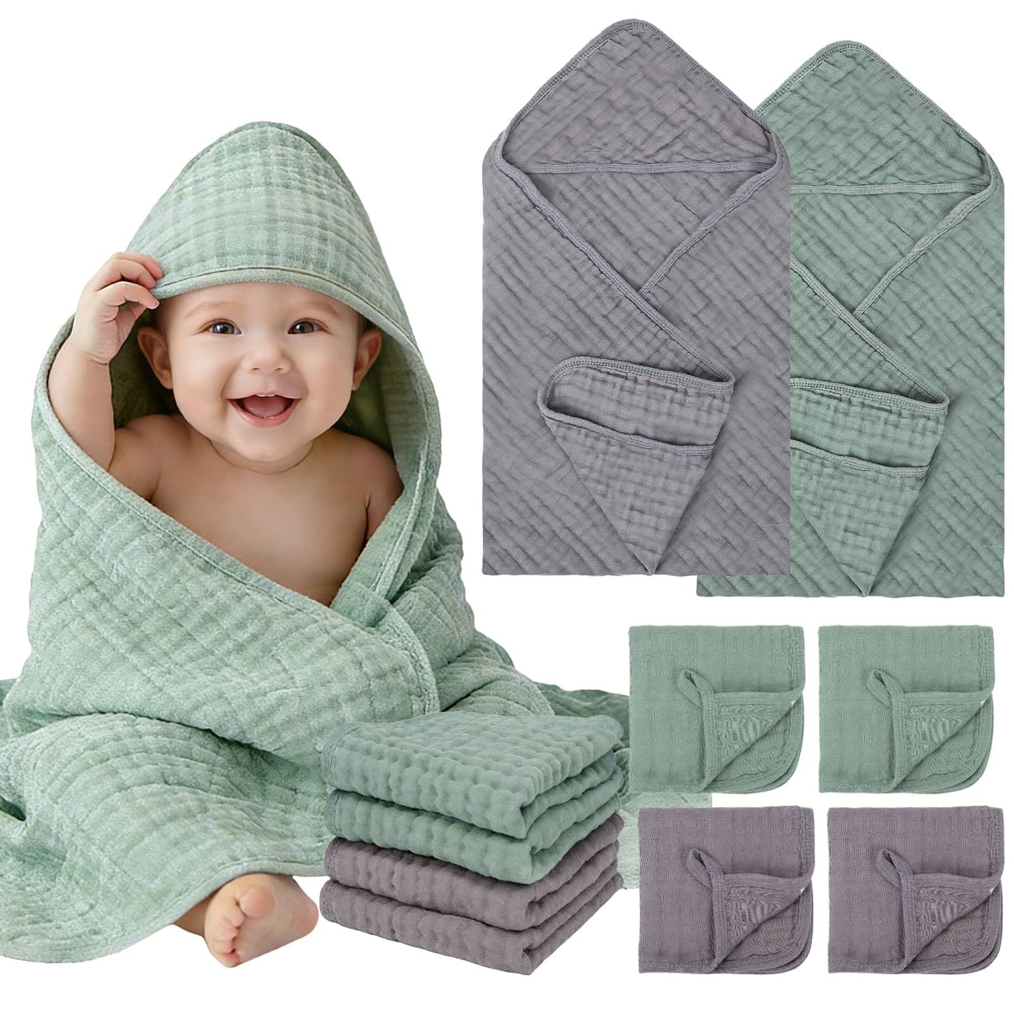 Flasoo 6 Pcs Muslin Hooded Baby Bath Towels Sets - 2 Pack 100% Cotton Baby Towel & 4 Pack Muslin Washclothes- 32x32Inch Baby Tow