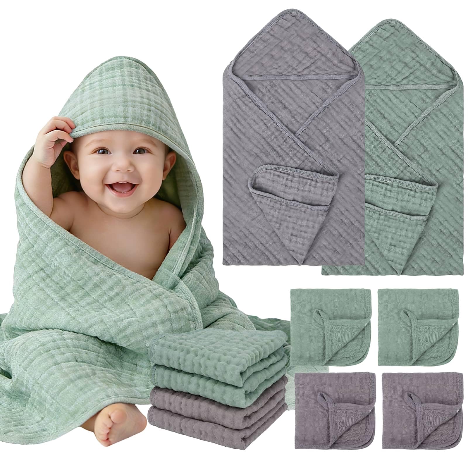 Flasoo 6 Pcs Muslin Hooded Baby Bath Towels Sets - 2 Pack 100% Cotton Baby Towel & 4 Pack Muslin Washclothes- 32x32Inch Baby Tow