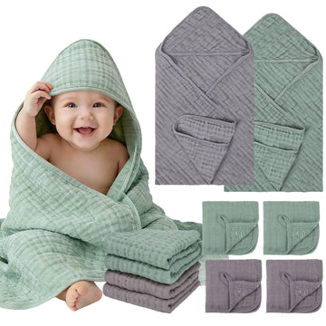 Flasoo 6 Pcs Muslin Hooded Baby Bath Towels Sets - 2 Pack 100% Cotton Baby Towel & 4 Pack Muslin Washclothes- 32x32Inch Baby Tow