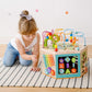 Teamson Kids Preschool Play Lab 7-in-1 Large Wooden Activity Cube Station Center Bead Maze and Counting for Kids Baby Toys, Natu