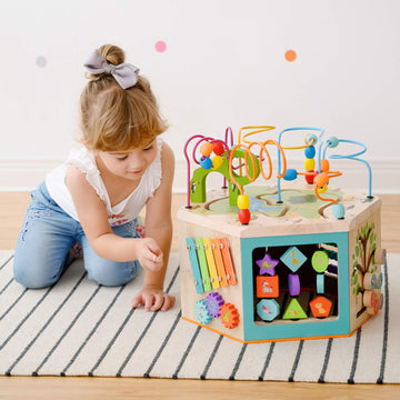 Teamson Kids Preschool Play Lab 7-in-1 Large Wooden Activity Cube Station Center Bead Maze and Counting for Kids Baby Toys, Natu