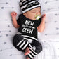 Fommy Baby Boy Clothes New To The Crew Letter Print Short Sleeve Romper+Long Pants+Stripe Hat 3Pcs Outfits Set 6-9 Months