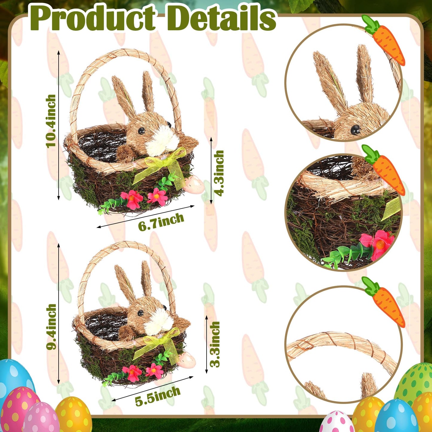 Silifine 2 Pack Easter Basket Woven Easter Bunny Basket With Handle Wicker Easter Gift Basket For Kids Rabbit Eggs Candy Basket
