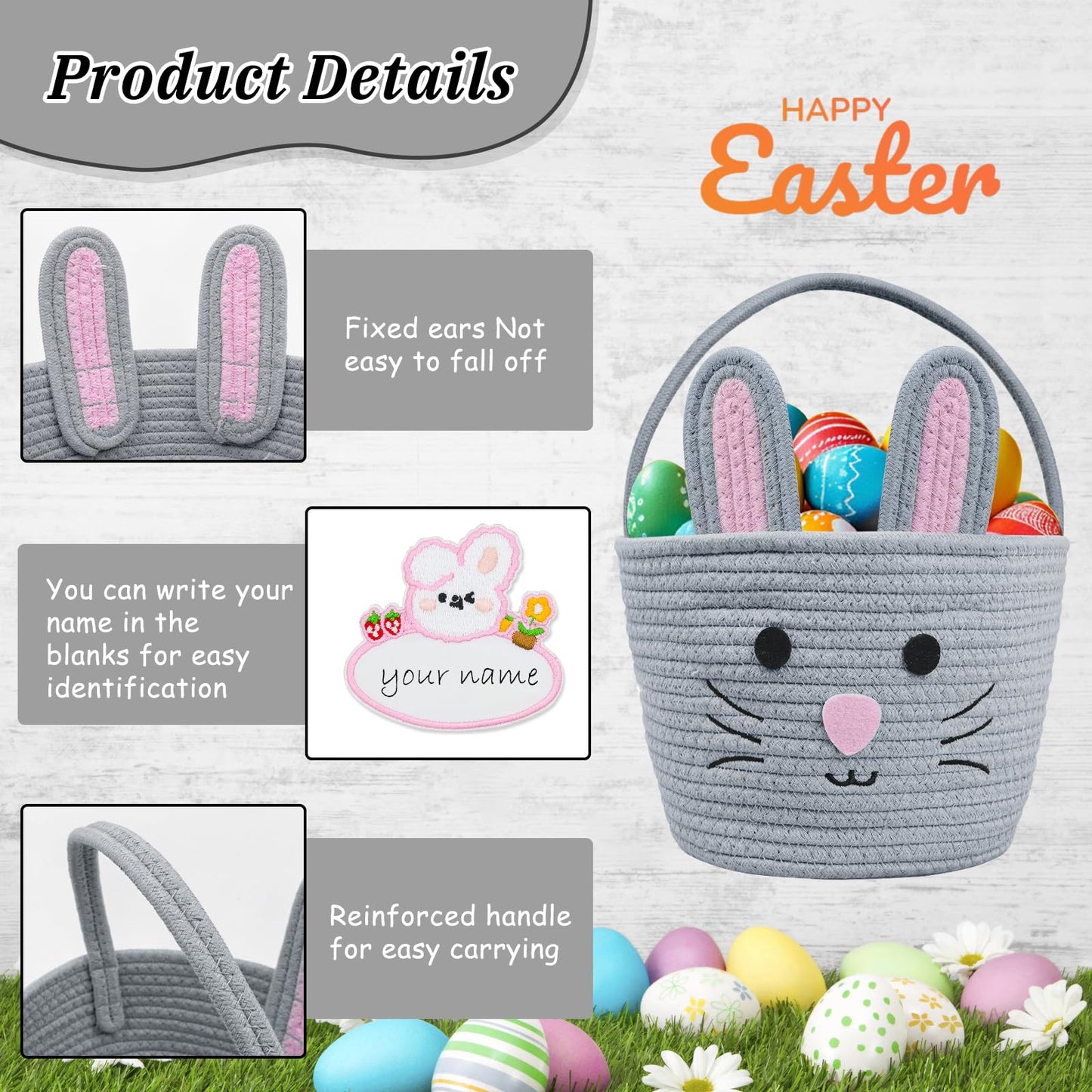 Brbecon Easter Bunny Basket For Kids With Name Tag, Grey Small Woven Easter Basket For Girls, Easter Egg Hunt Baskets Bags Easte