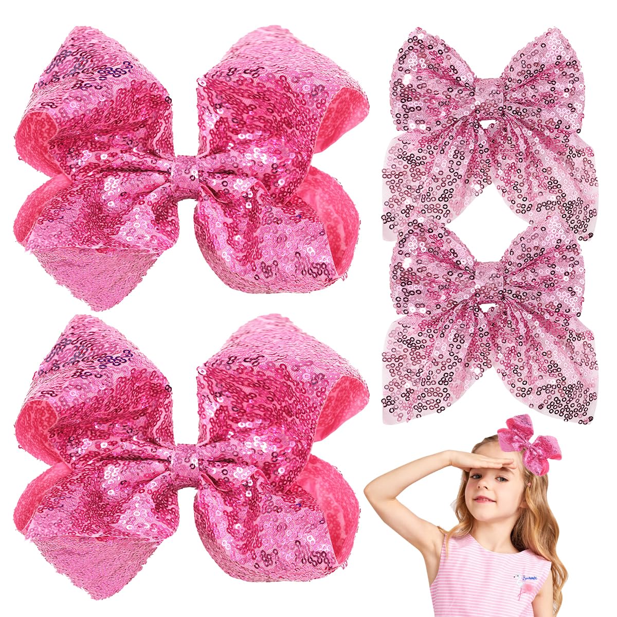 Aaiffey Glitter Pink Hair Bows For Girls,Sparkly Sequin Bows Hair Alligator Clips Toddler Bow Clips Hair Accessories For Girls K