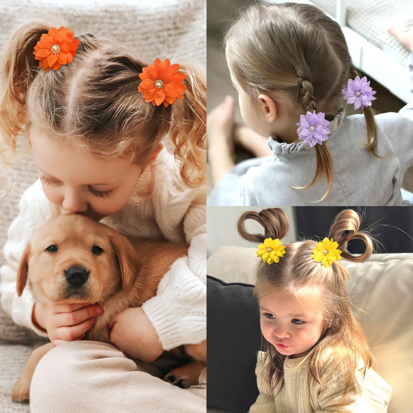 Bbgifts 40Pcs Baby Chiffon Flower Hair Ties For Toddler Girls - 2.2 Inch Handmade Pearl Rhinestone Chiffon Flower Soft Elastics