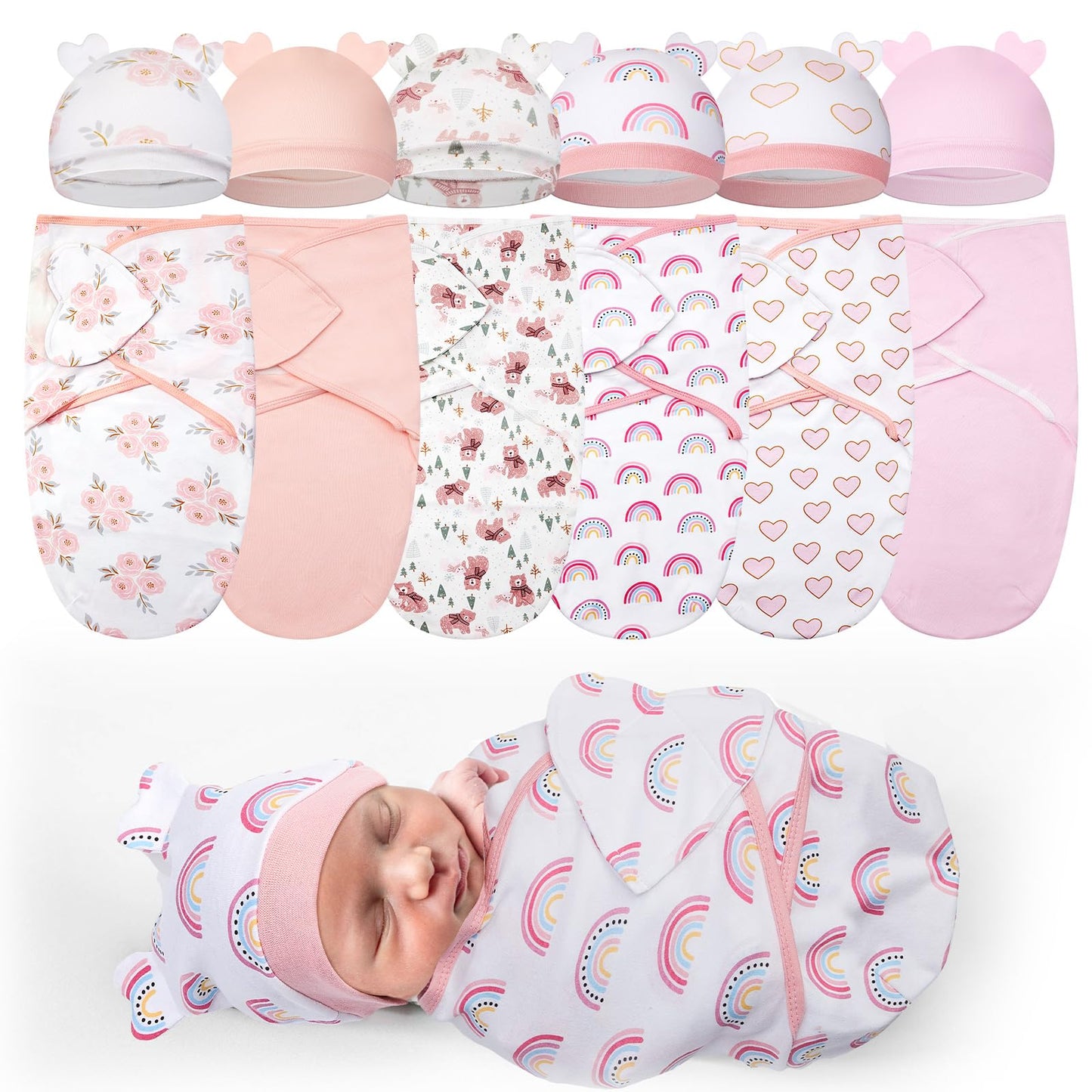 Ramede 6 Pack Preemie Swaddle Blanket with Hats Sleep Swaddle for Baby Boy Girl Preemie Newborn Sacks Soft Cotton Wearable(Heart