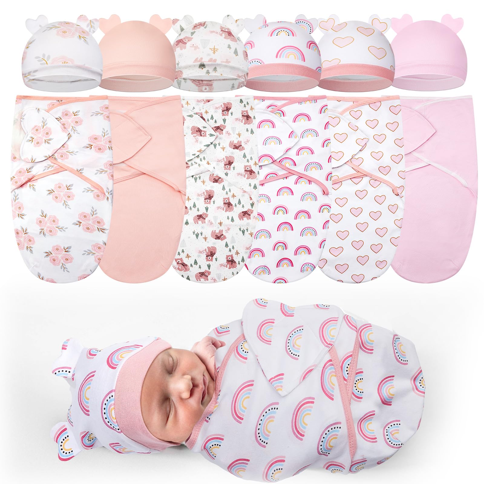 Ramede 6 Pack Preemie Swaddle Blanket with Hats Sleep Swaddle for Baby Boy Girl Preemie Newborn Sacks Soft Cotton Wearable(Heart
