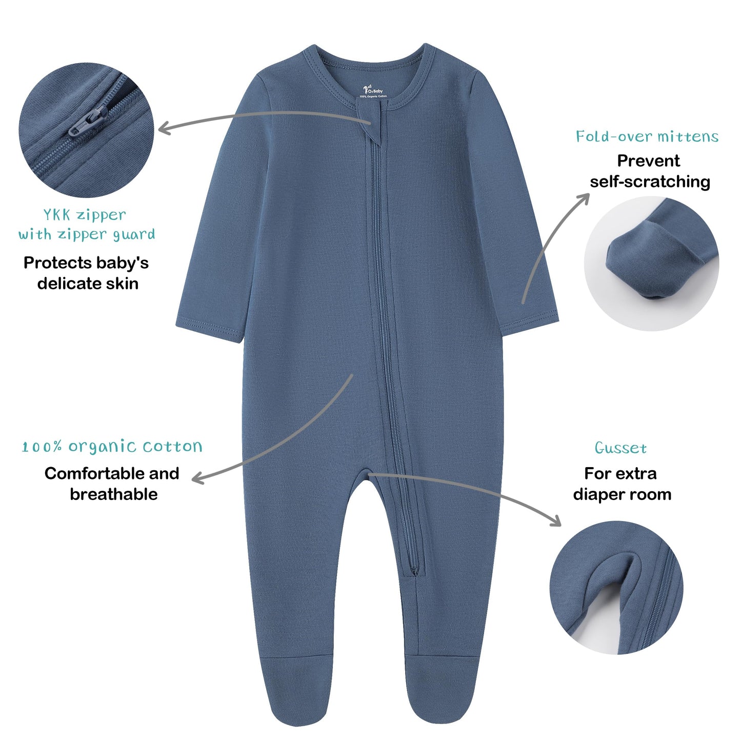 O2 Baby Baby Boys Girls Organic Cotton Zip Front Sleeper Pajamas, Footed Sleep  'N Play(0-3 Months, Blue Ashes)