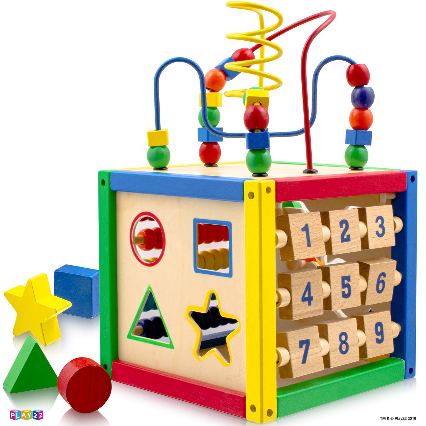 Wooden Activity Play Cube 6 in-1 for Baby with Removable Bead Maze, Shape Sorter, Abacus Counting Beads & Numbers, Sliding Shape