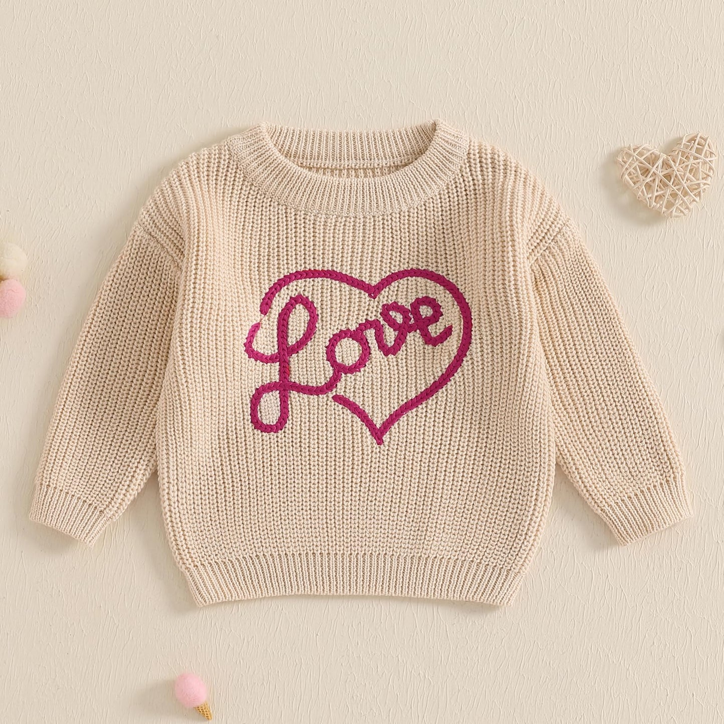Nokpsedcb Baby Girl Cute Long Sleeve Heart Flowers Embroidery Oversized Sweater Toddler Valentine Outfit (Beige Love, 2-3 Years)